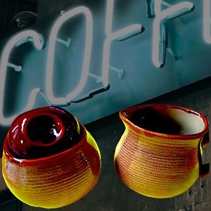 Vtg 70's Sango Roma Caramel Stoneware 4933 Coffee Creamer Sugar Bowl Lid 3PC Set